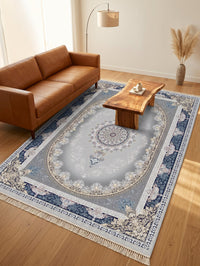 Navy-Border Silver Oval Medallion Persian Rug · 1200 Reeds — size 3x13 Feet (91x400 cm) 4Meters Runner shown to scale in a living room — Stylish Rugs & Carpets, Sacramento