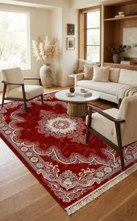 Star Kashan Persian Rug, Red — 1200 Reeds — area rug styled in a room, Stylish Rugs & Carpets, Sacramento