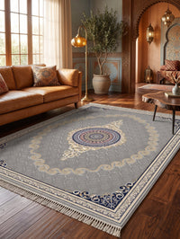 Silver Gray & Gold Scroll Persian Rug · 1200 Reeds styled in a room — Stylish Rugs & Carpets, Sacramento