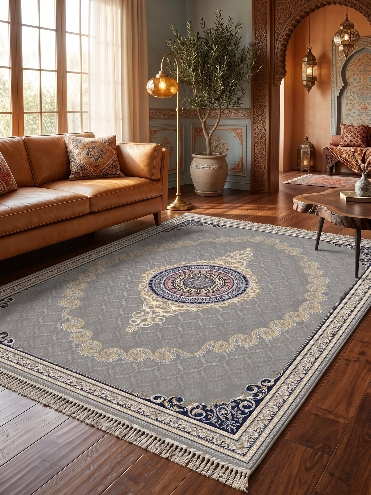 Silver Gray & Gold Scroll Persian Rug · 1200 Reeds styled in a room — Stylish Rugs & Carpets, Sacramento