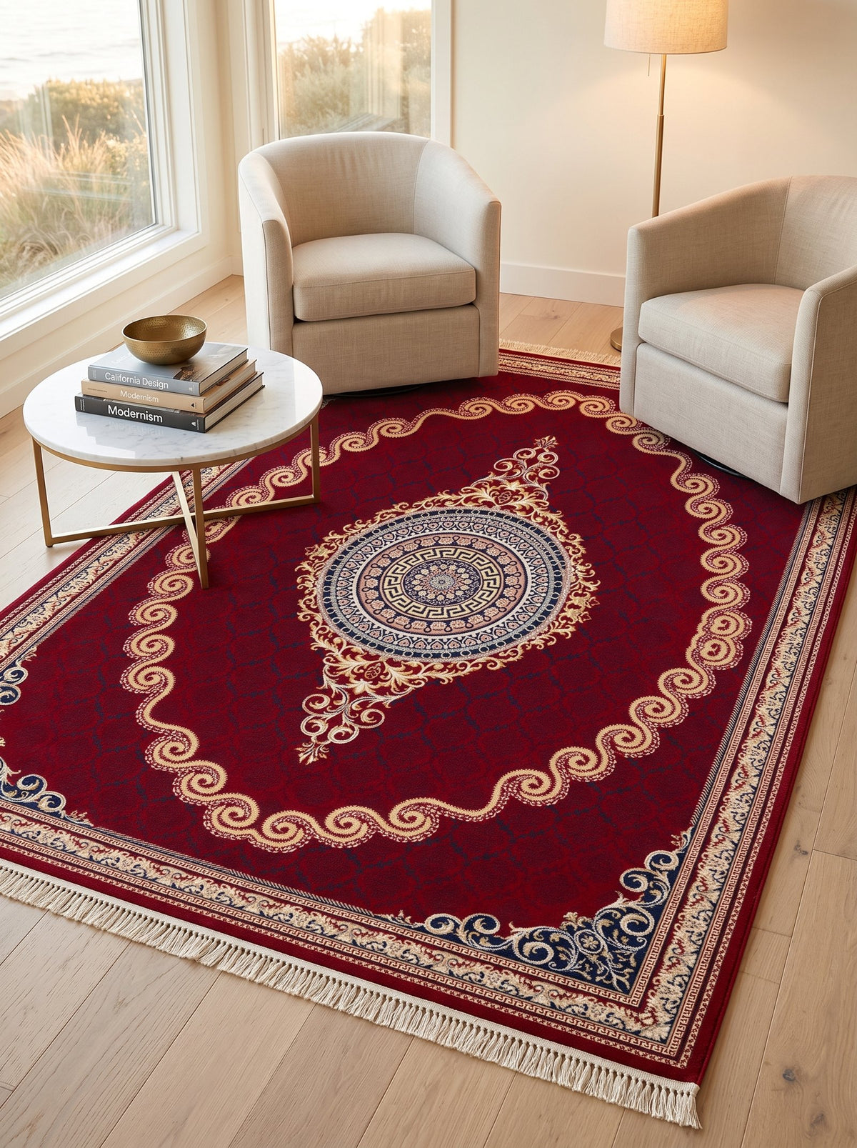 Crimson Red & Gold Scroll Persian Rug · 1200 Reeds — size 10x13 Feet (300x400 cm) 12Meters shown to scale in a living room — Stylish Rugs & Carpets, Sacramento