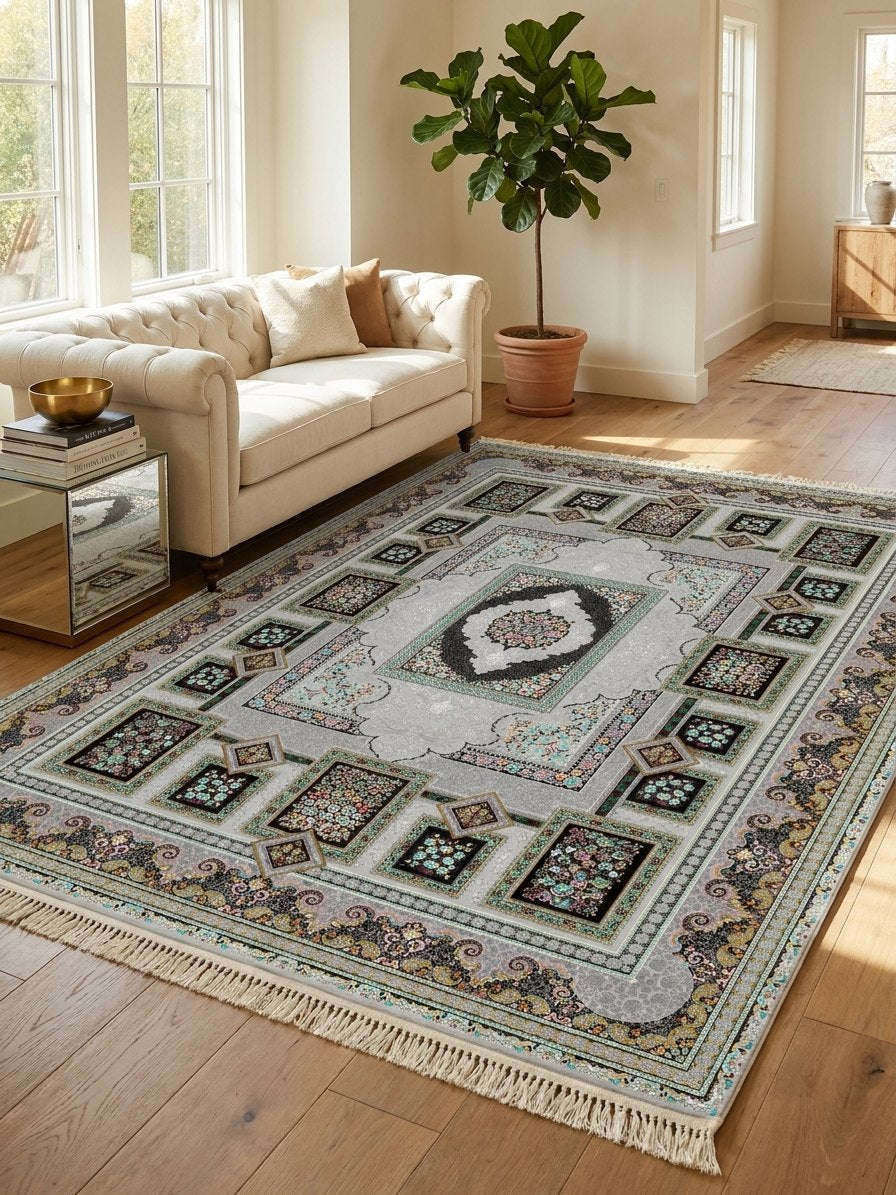Silver Panel Persian Rug · 1200 Reeds — size 8.2x11.5 Feet (250x350 cm) 9Meters shown to scale in a living room — Stylish Rugs & Carpets, Sacramento
