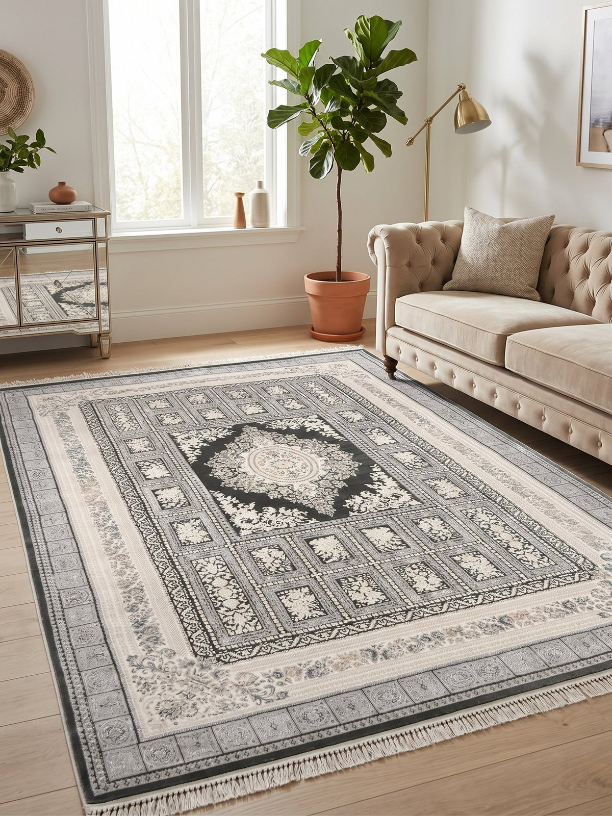 Light Gray Garden-Panel Turkish Rug styled in a room — Stylish Rugs & Carpets, Sacramento