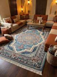 Blue Persian Rug — 1200 Reeds — area rug styled in a room, Stylish Rugs & Carpets, Sacramento