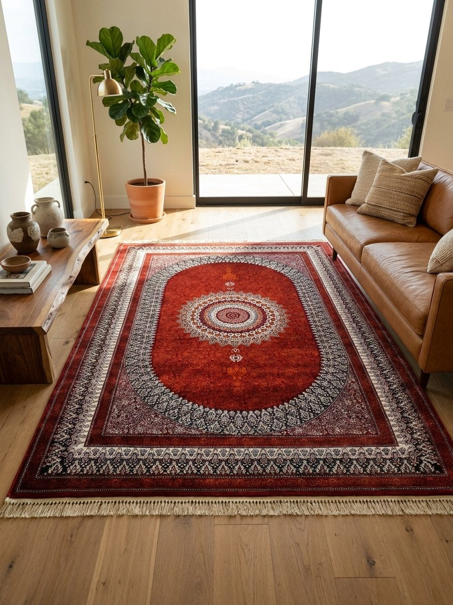 Luxury Red Persian Rug — 1200 Reeds — area rug styled in a room, Stylish Rugs & Carpets, Sacramento