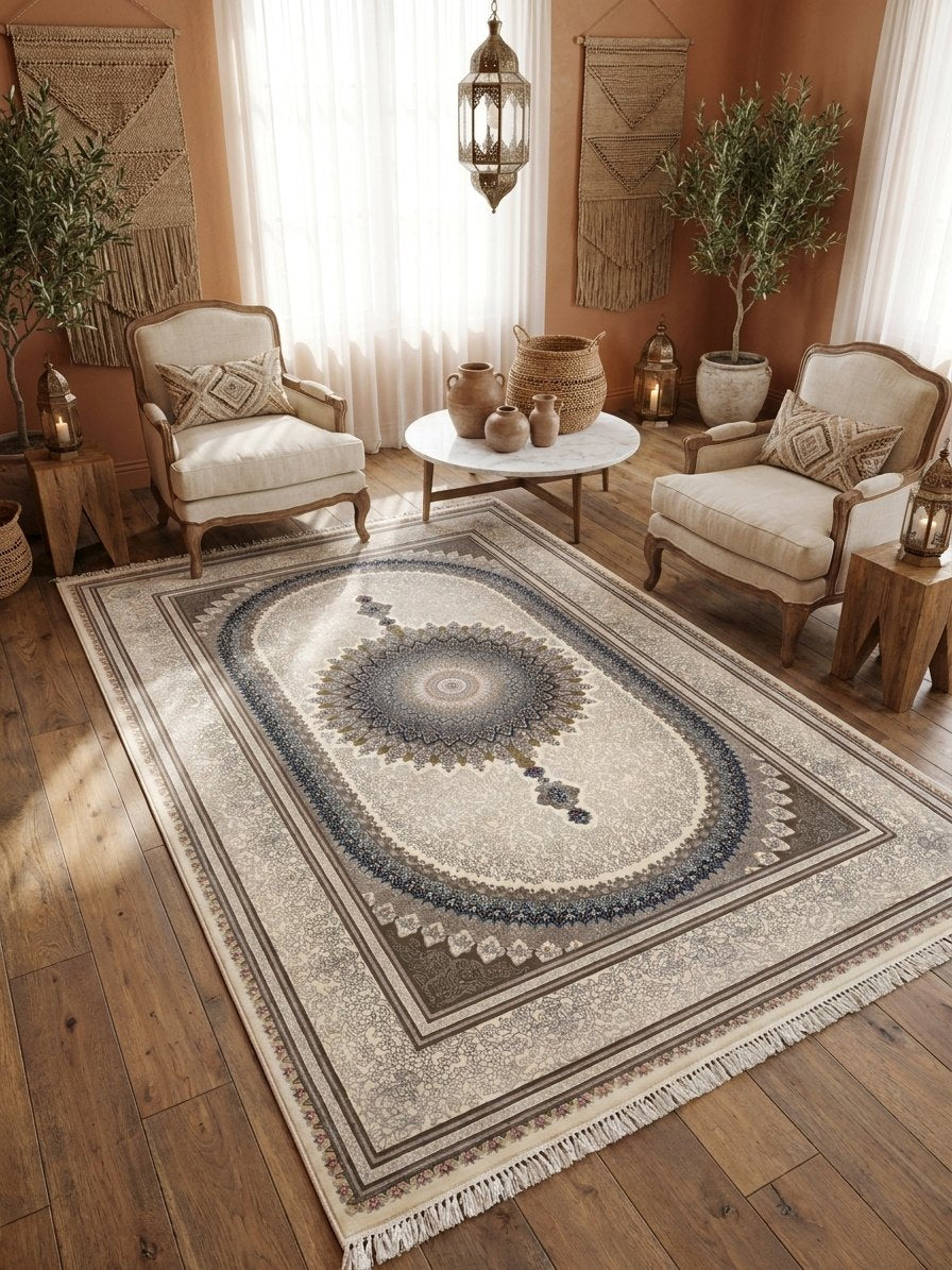 Ivory & Beige Medallion Persian Rug · 1200 Reeds rug styled in a Sacramento home — Stylish Rugs & Carpets