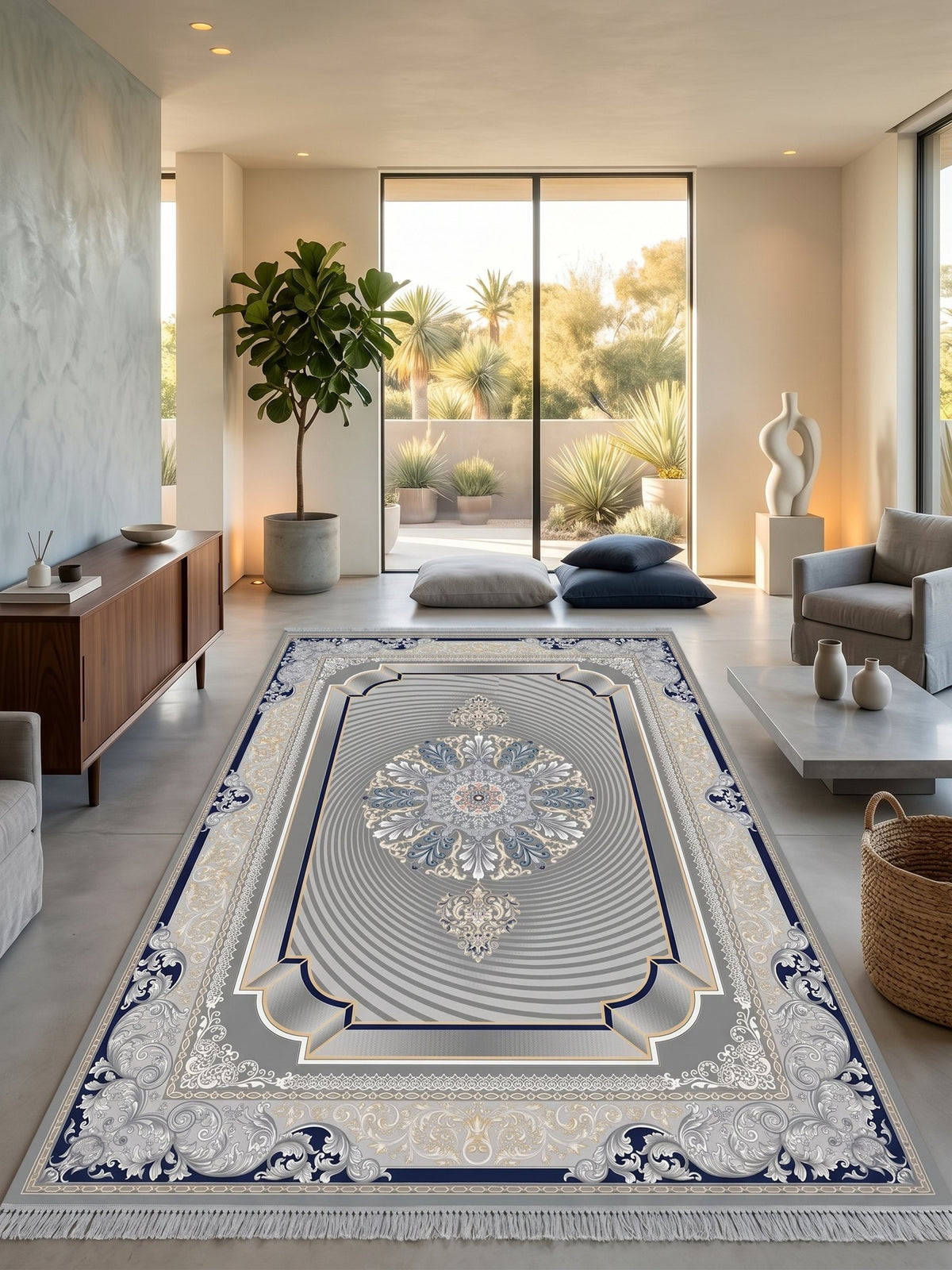 Dark Gray 3D Persian Rug · 1200 Reeds — size 3x13 Feet (91x400 cm) 4Meters Runner shown to scale in a living room — Stylish Rugs & Carpets, Sacramento