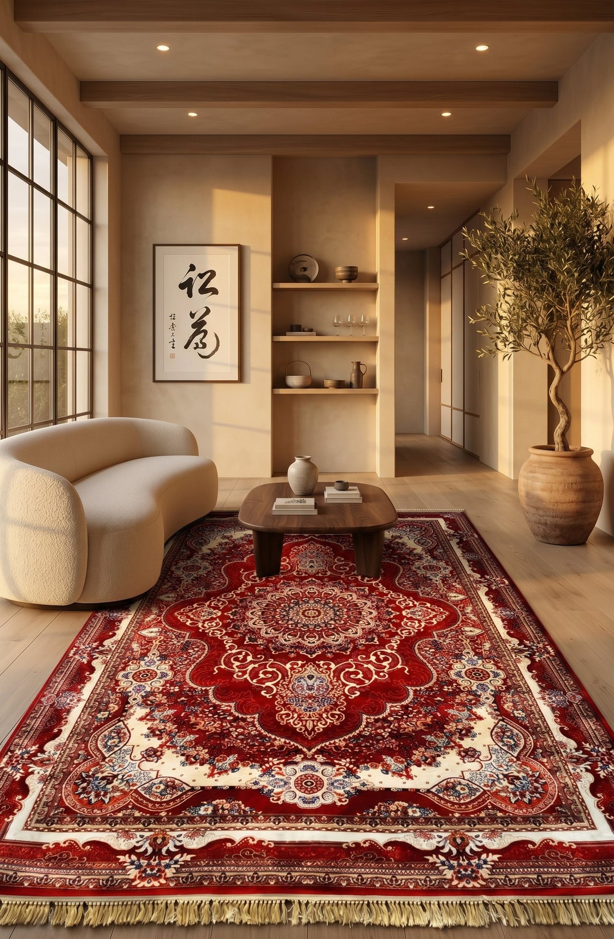 Traditional Kashan Red Floral Turkish Rug 1200 Reeds styled in a room — Stylish Rugs & Carpets, Sacramento