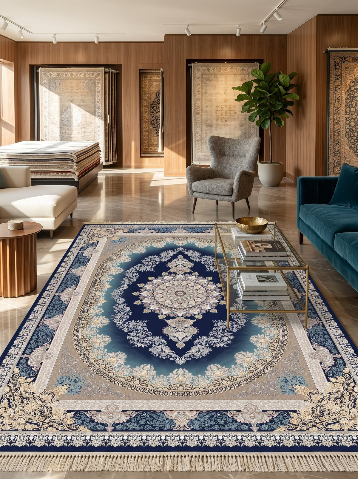 Teal & Deep Navy Medallion Persian Rug · 1200 Reeds styled in a room — Stylish Rugs & Carpets, Sacramento