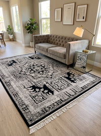 Black White Antique-Style Bamboo Rug styled in a room — Stylish Rugs & Carpets, Sacramento