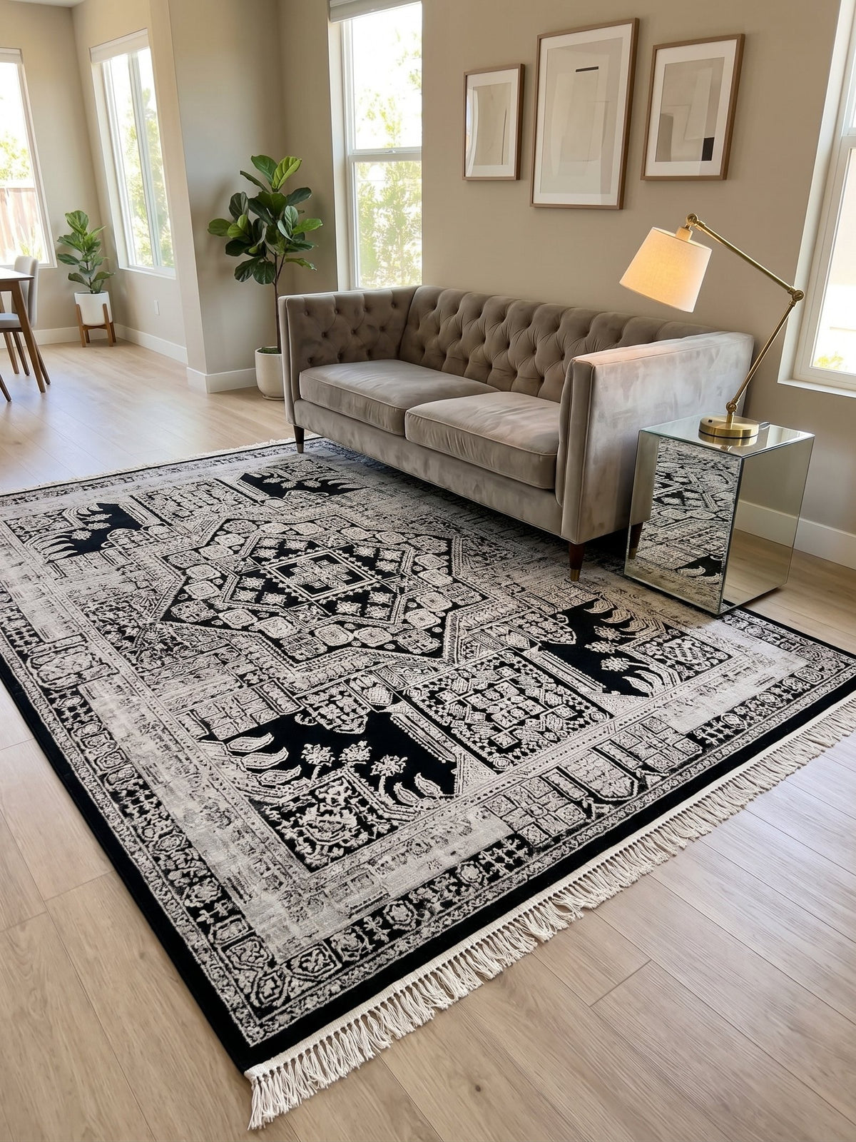 Black White Antique-Style Bamboo Rug styled in a room — Stylish Rugs & Carpets, Sacramento