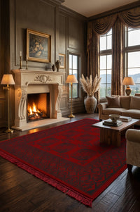 Red & Black Turkmen Bokhara Turkish Rug — area rug styled in a room, Stylish Rugs & Carpets, Sacramento