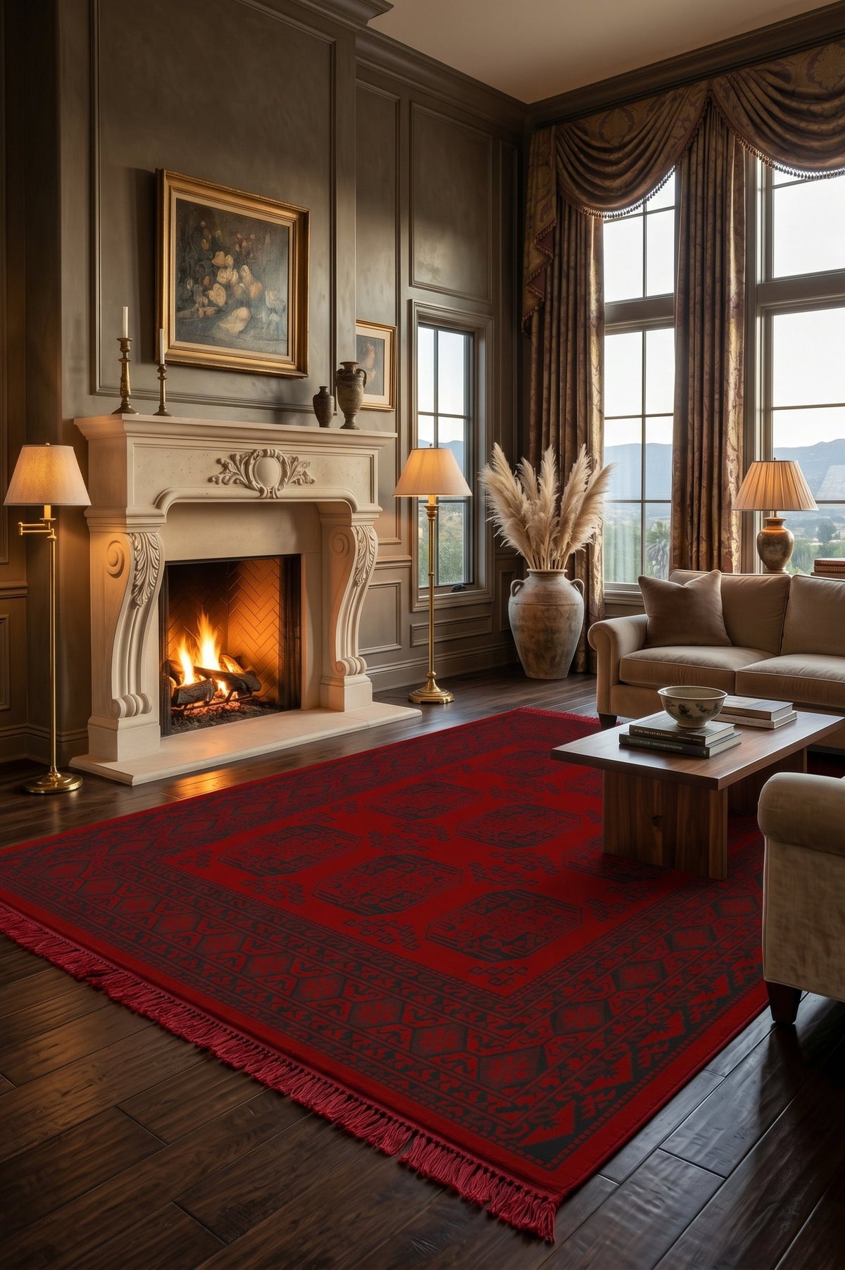 Red & Black Turkmen Bokhara Turkish Rug — area rug styled in a room, Stylish Rugs & Carpets, Sacramento