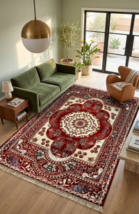 Red & Cream Persian Floral Rug — size 3.2x13 Feet (100x400 cm) shown to scale in a living room — Stylish Rugs & Carpets, Sacramento