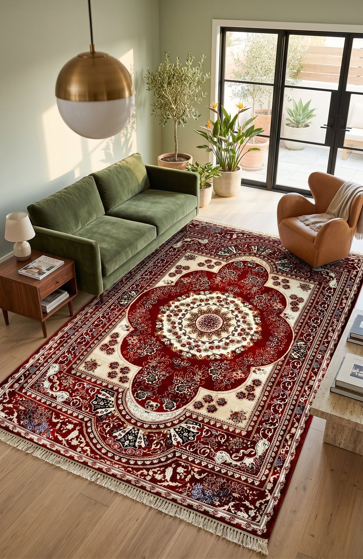 Red & Cream Persian Floral Rug — size 3.2x13 Feet (100x400 cm) shown to scale in a living room — Stylish Rugs & Carpets, Sacramento