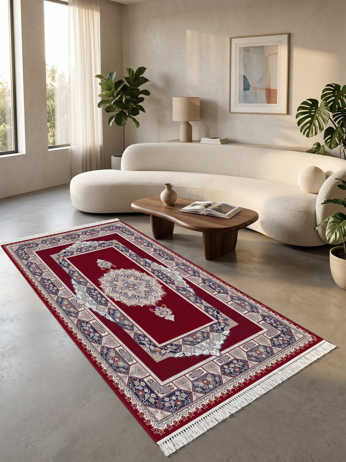 Red Traditional Medallion Persian Rug · 1200 Reeds — size 3×10 ft (91×300 cm) shown to scale in a living room — Stylish Rugs & Carpets, Sacramento
