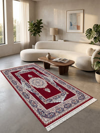 Red Traditional Medallion Persian Rug · 1200 Reeds — size 3×10 ft (91×300 cm) shown to scale in a living room — Stylish Rugs & Carpets, Sacramento