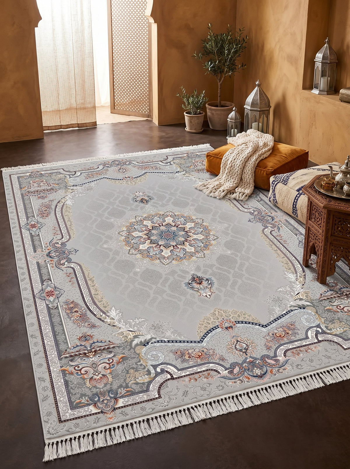 Silver Ornate-Frame Medallion Persian Rug · 1200 Reeds styled in a room — Stylish Rugs & Carpets, Sacramento