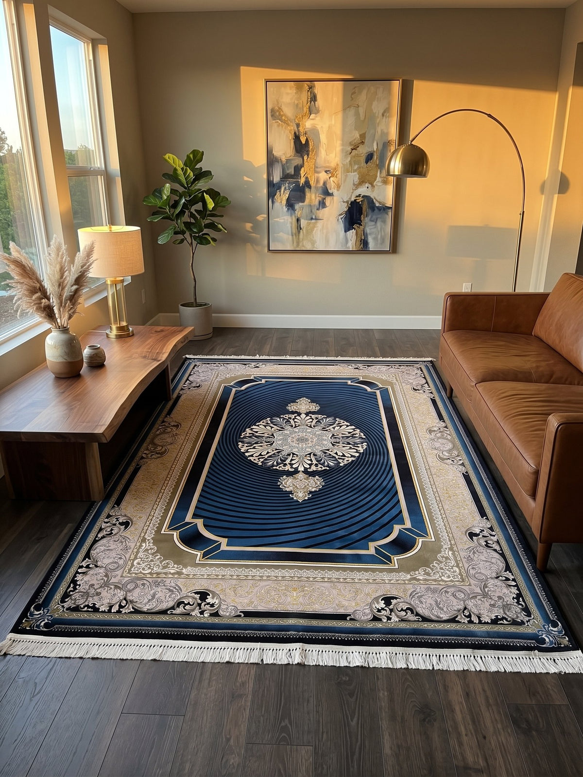 Navy 3D Persian Rug · 1200 Reeds styled in a room — Stylish Rugs & Carpets, Sacramento