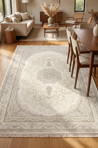 Cream Oval Medallion Rug - Shadow Art Silk — area rug styled in a room, Stylish Rugs & Carpets, Sacramento
