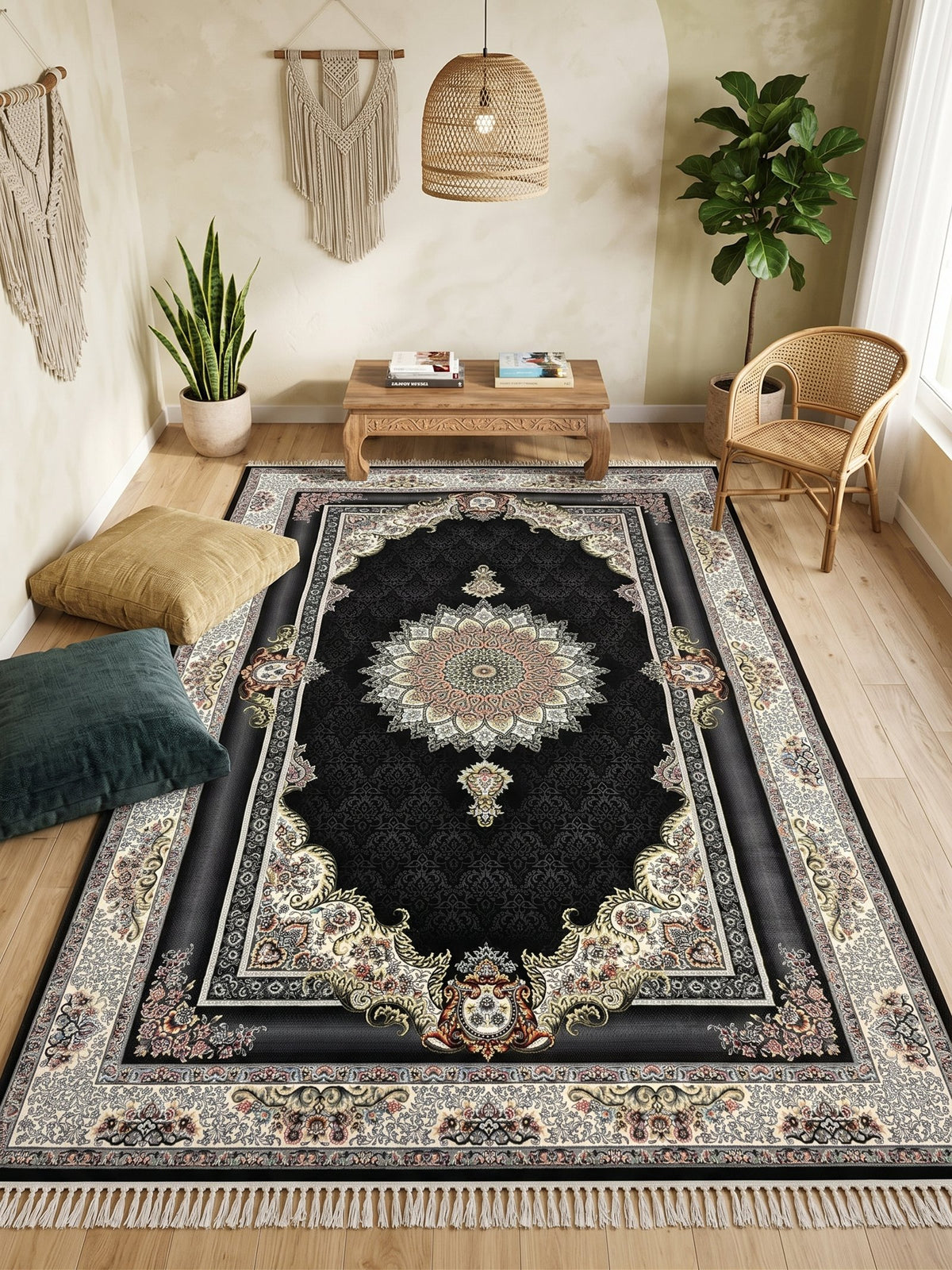 Black & Gold Floral Turkish Rug styled in a room — Stylish Rugs & Carpets, Sacramento