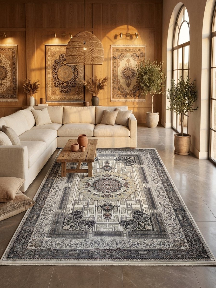 Cream Persian Design Rug — 1200 Reeds — area rug styled in a room, Stylish Rugs & Carpets, Sacramento