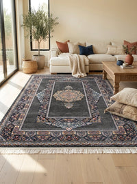 Dark Gray Medallion Persian Rug · 1200 Reeds — size 10x13 Feet (300x400 cm) 12Meters shown to scale in a living room — Stylish Rugs & Carpets, Sacramento