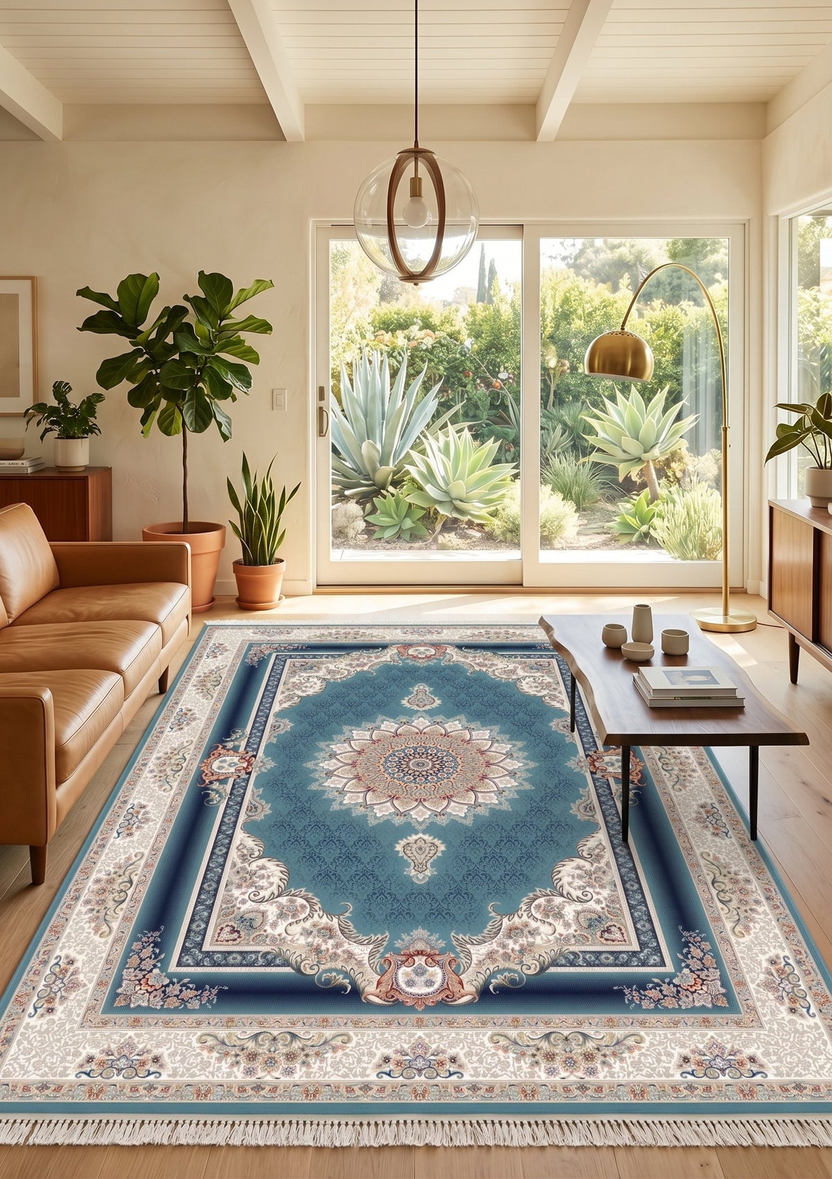 Teal Blue Royal Medallion Persian Rug · 1200 Reeds styled in a room — Stylish Rugs & Carpets, Sacramento