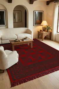 Turkmen Bokhara Rug - Red and Black - 700 Reeds — area rug styled in a room, Stylish Rugs & Carpets, Sacramento