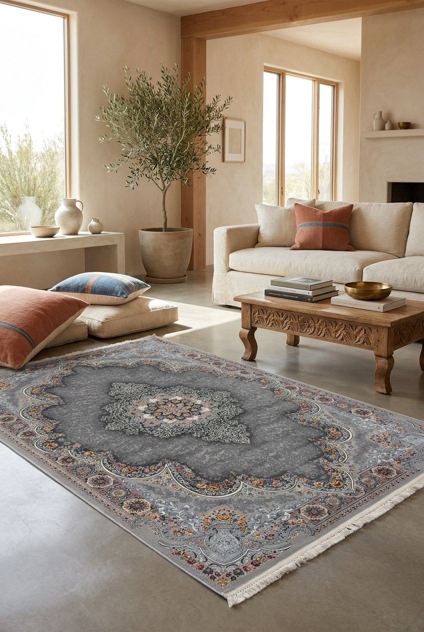 Light Gray Medallion Persian Rug · 1200 Reeds — size 3x10Feet (91x300cm)  3Meters Runner shown to scale in a living room — Stylish Rugs & Carpets, Sacramento