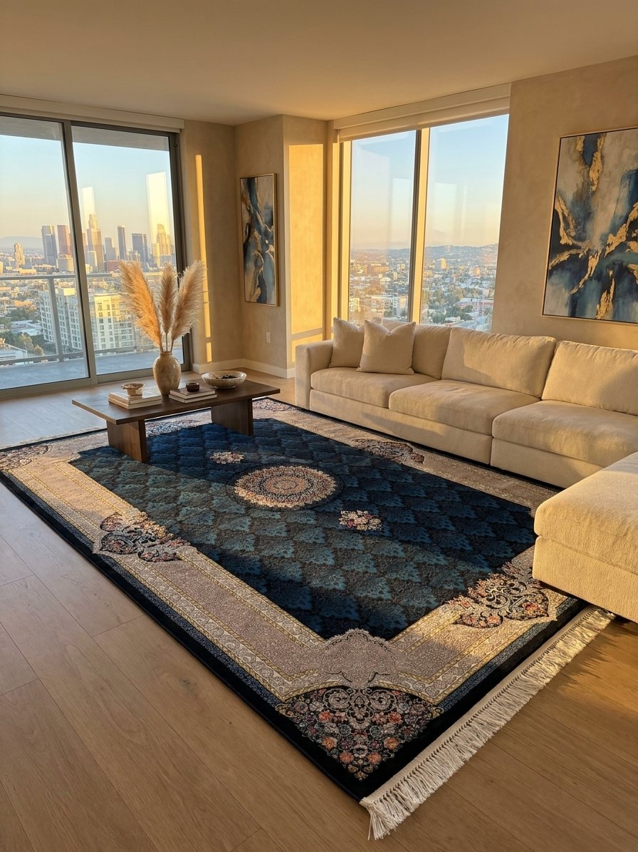 Navy Medallion Persian Rug · 1200 Reeds rug styled in a Sacramento home — Stylish Rugs & Carpets