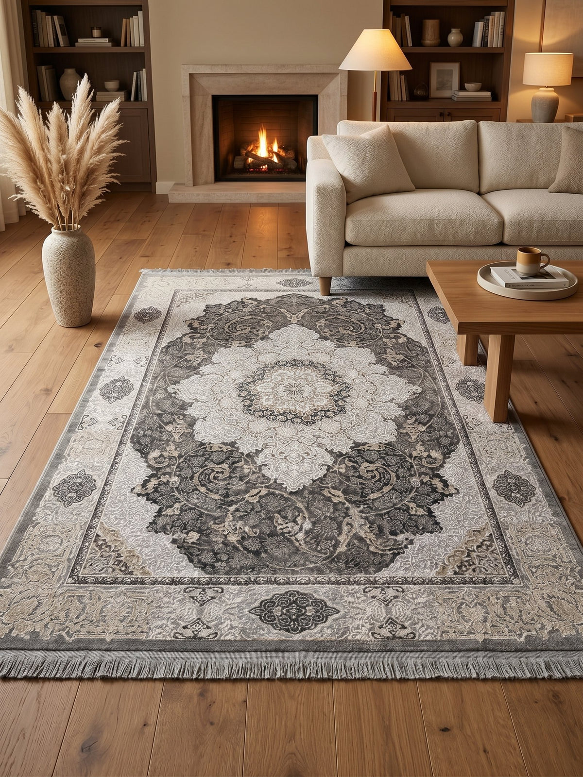 Gray, Gold & Cream Medallion Persian Rug styled in a room — Stylish Rugs & Carpets, Sacramento