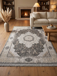 Gray, Gold & Cream Medallion Persian Rug styled in a room — Stylish Rugs & Carpets, Sacramento