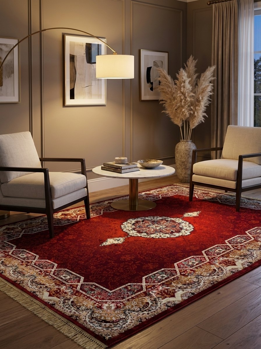Red Persian Design Rug — 1200 Reeds — area rug styled in a room, Stylish Rugs & Carpets, Sacramento