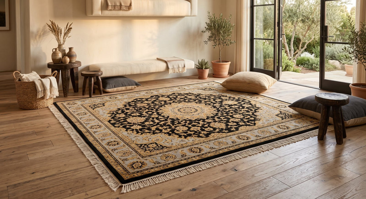Gray & Gold Shah Persian Rug styled in a room — Stylish Rugs & Carpets, Sacramento