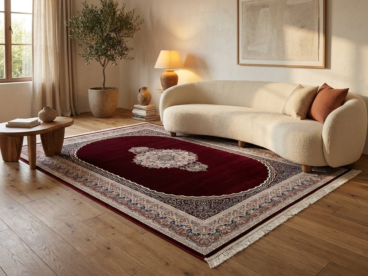 Burgundy Medallion Persian Rug · 1200 Reeds — size 6.5x10 Feet (200x300 cm) 6Meters shown to scale in a living room — Stylish Rugs & Carpets, Sacramento