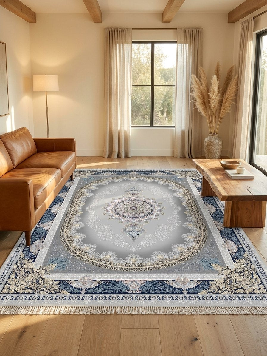Navy Medallion Persian Rug · 1200 Reeds — size 10x13 Feet (300x400 cm) 12Meters shown to scale in a living room — Stylish Rugs & Carpets, Sacramento