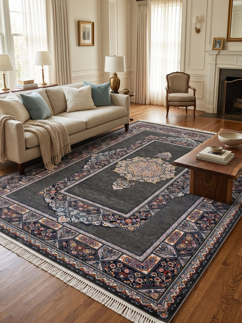 2026 Dark Gray Luxury Traditional Persian Medallion Rug 1200 Reeds | Stylish Rugs & Carpets