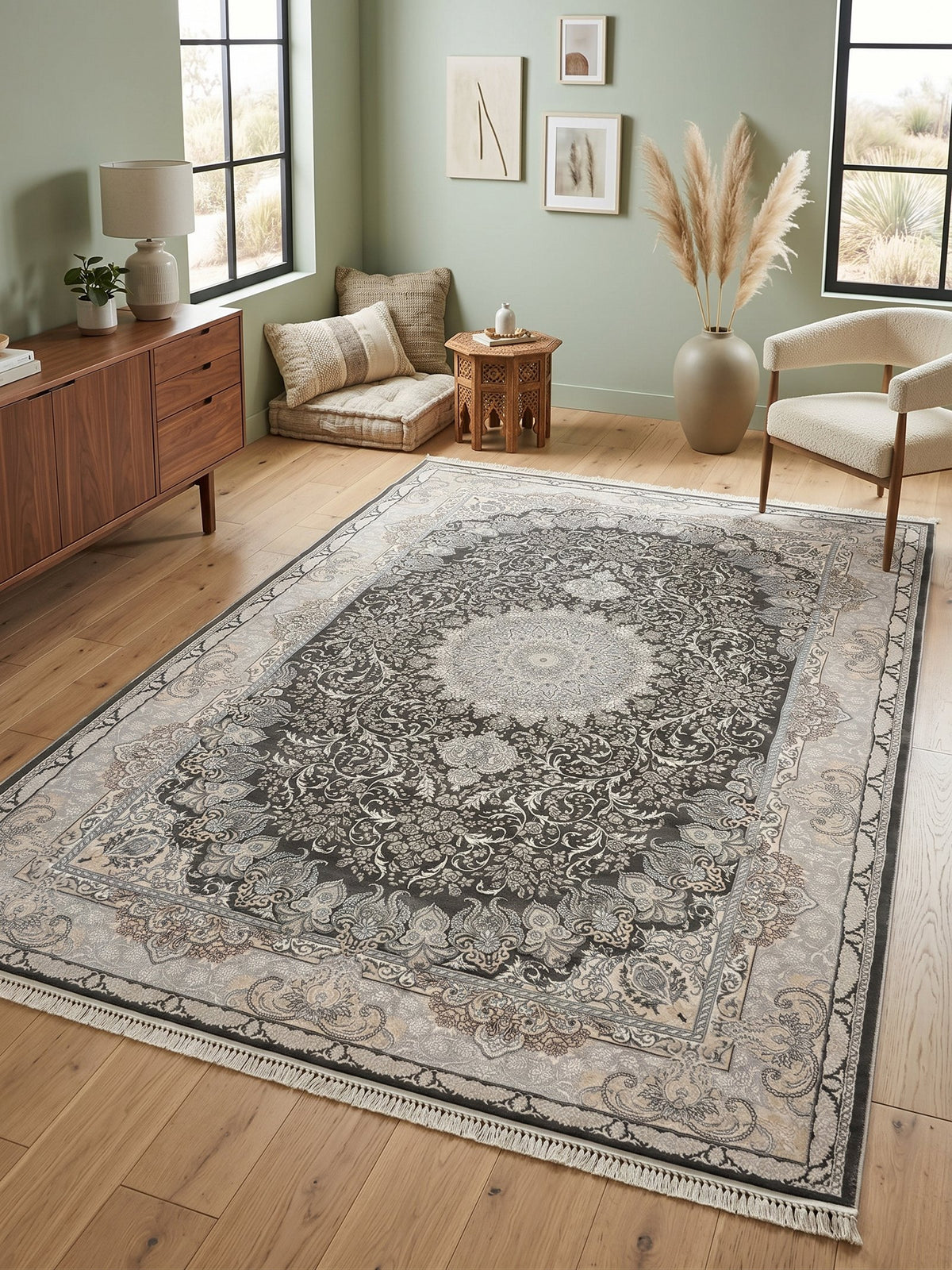 Dark Gray Floral Medallion Turkish Rug styled in a room — Stylish Rugs & Carpets, Sacramento