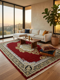 Red Floral Turkish Rug styled in a room — Stylish Rugs & Carpets, Sacramento