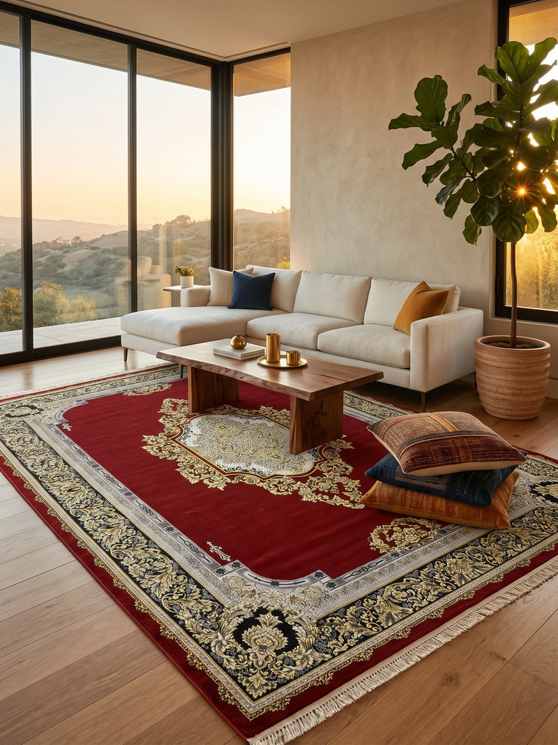 Red Diamond Medallion Floral Corner Turkish Rug | Stylish Rugs
