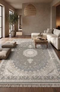 Taupe & Cream Classical Medallion Rug - Shadow Art Silk — area rug styled in a room, Stylish Rugs & Carpets, Sacramento