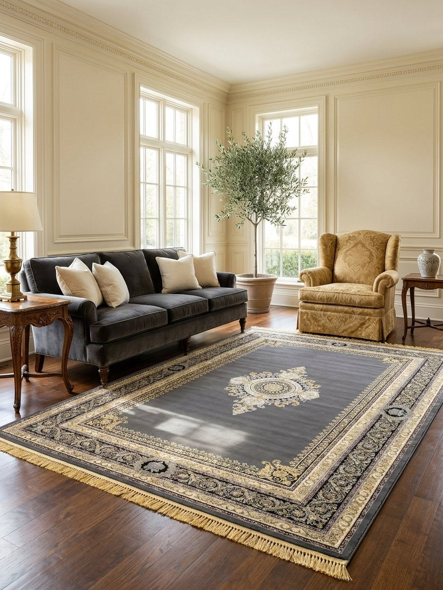 Gray & Gold Medallion Darbar Persian Rug rug styled in a Sacramento home — Stylish Rugs & Carpets
