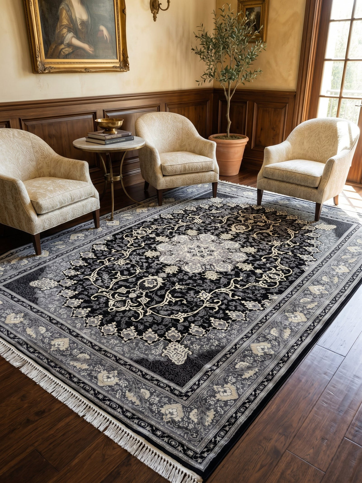 Black & Gray Persian Design Rug styled in a room — Stylish Rugs & Carpets, Sacramento