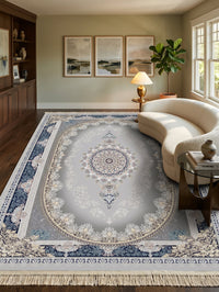 Navy-Border Silver Oval Medallion Persian Rug · 1200 Reeds styled in a room — Stylish Rugs & Carpets, Sacramento