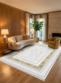 Light Gray & Gold Lotus Medallion Turkish Rug — area rug styled in a room, Stylish Rugs & Carpets, Sacramento