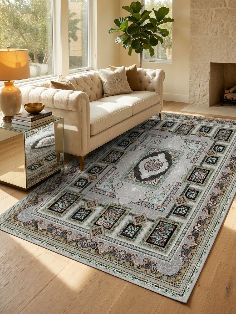 Silver Panel Persian Rug · 1200 Reeds — size 3x13 Feet (91x400 cm) 4Meters Runner shown to scale in a living room — Stylish Rugs & Carpets, Sacramento