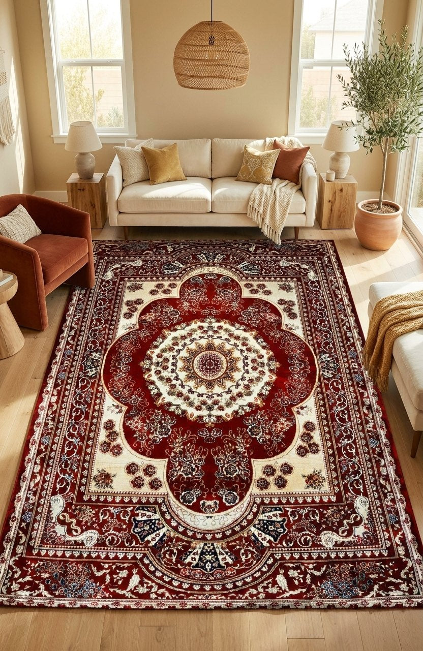 Red & Cream Persian Floral Rug — size Microfiber / 5.7x7.4 (175x225 cm) shown to scale in a living room — Stylish Rugs & Carpets, Sacramento