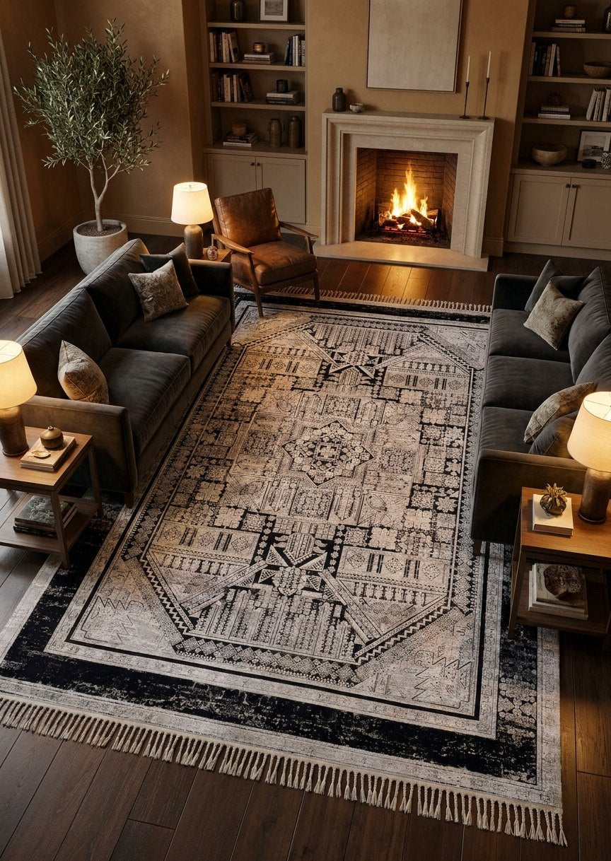 Black white Antique Bamboo Rug — area rug styled in a room, Stylish Rugs & Carpets, Sacramento