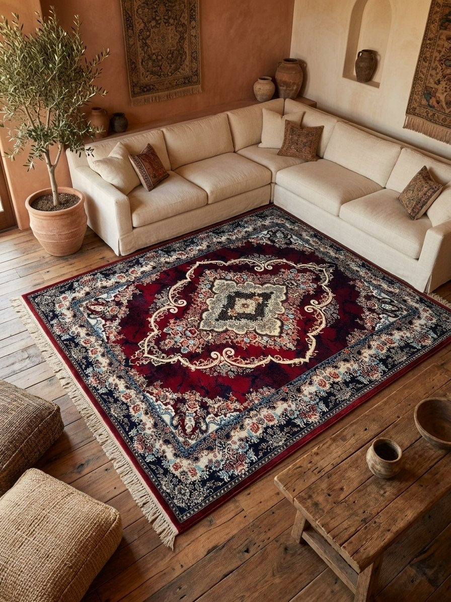 Star Persian Rug, Red Mix — 1200 Reeds — area rug styled in a room, Stylish Rugs & Carpets, Sacramento